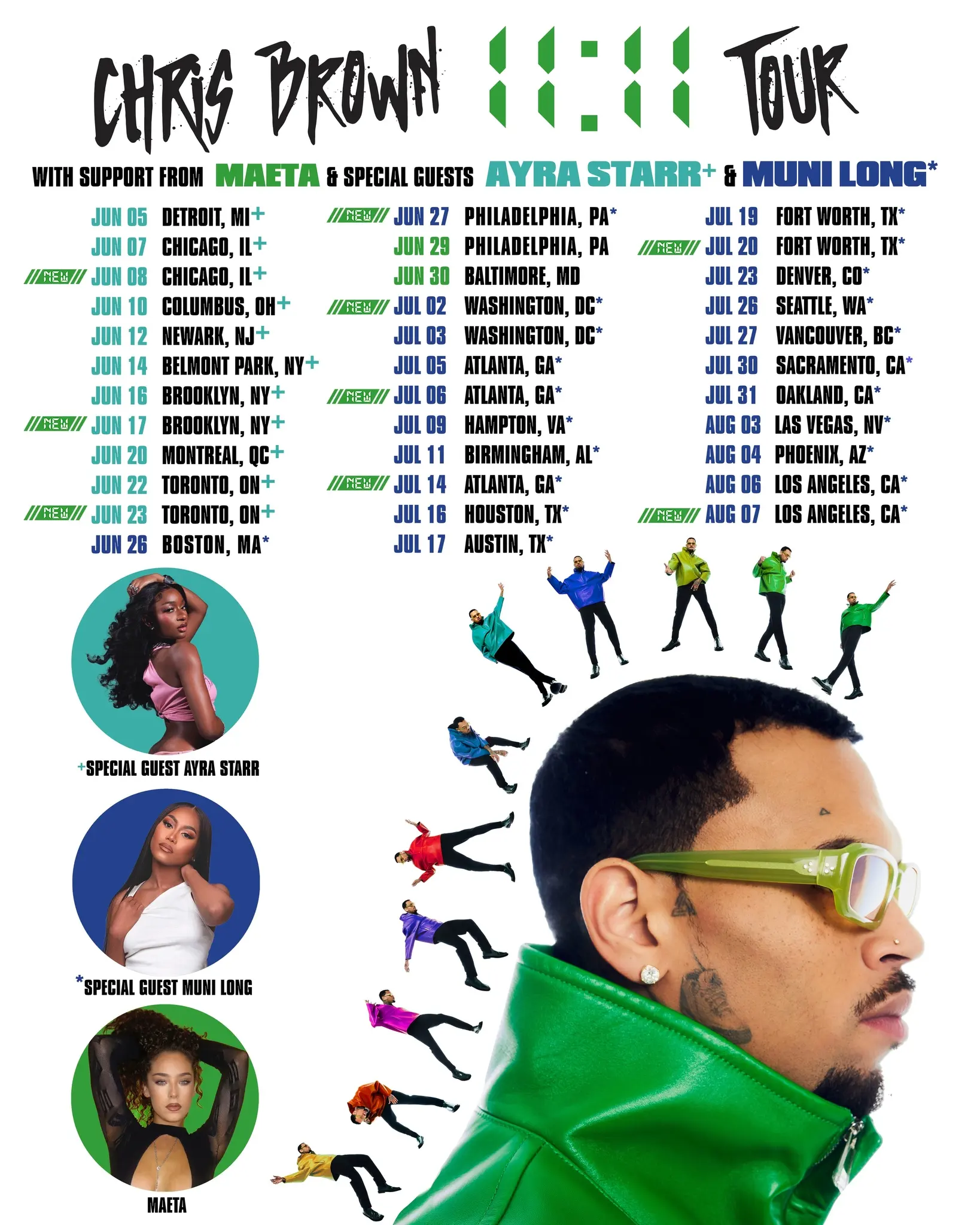 Affiche de la 11:11 Tour de Chris Brown : Maeta en première partie, avec Ayra Starr et Muni Long en invitées spéciales, et les dates nord-américaines de juin à août.